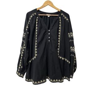 J Jill Womens Embroidered Peasant Blouse Size XLT Black Boho Dark Cottagecore
